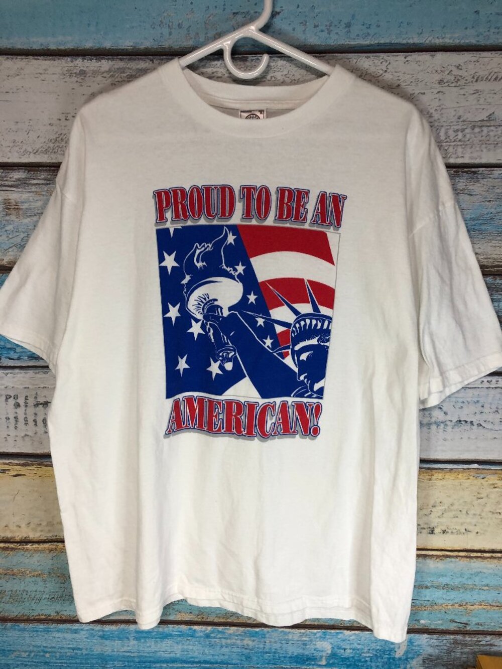 VINTAGE PROUD TO BE AN AMERICAN Statue of Liberty T-Shirt White Flag size XL 90s